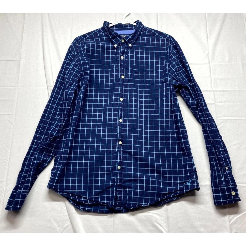 American Eagle Outfitters Athletic Fit Shirt Mens L Blue Windowpane Button Down